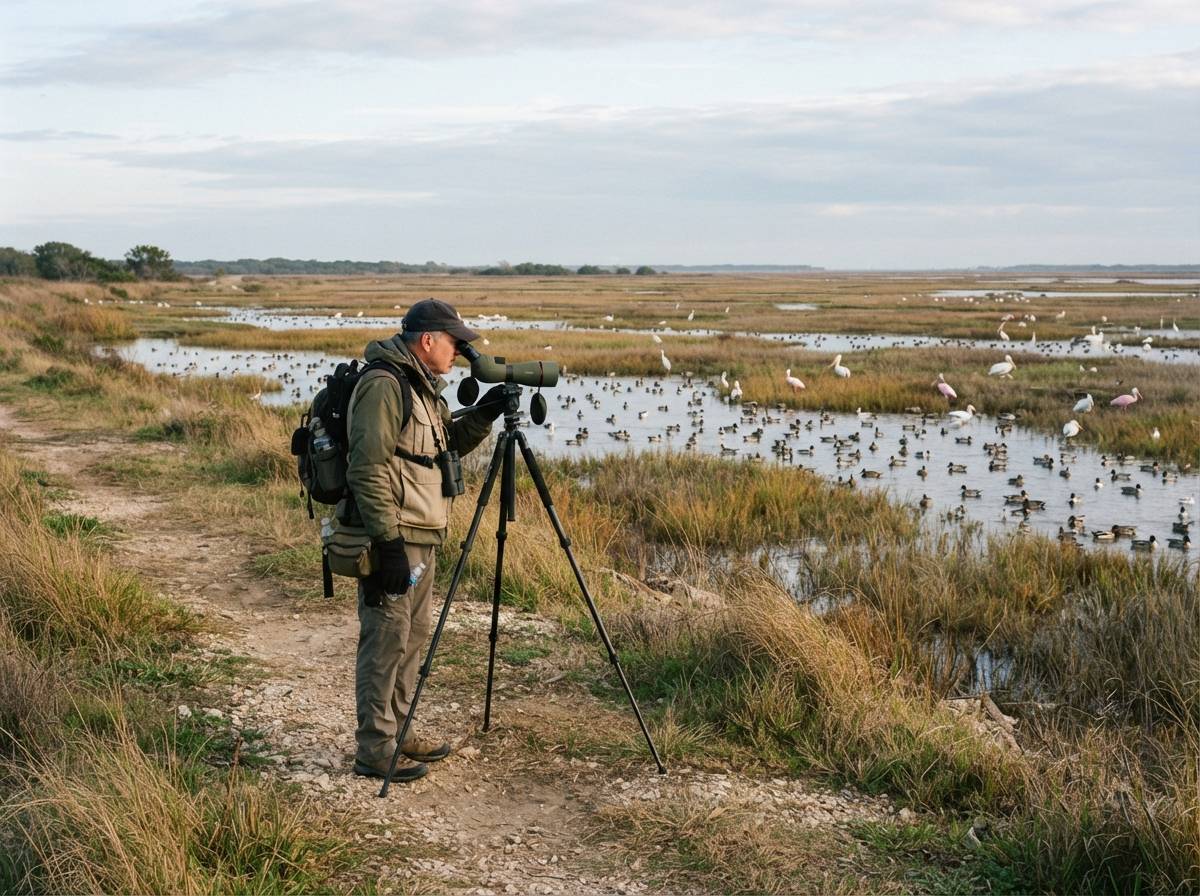 A birder scans a Texas wetland where waterfowl gather in winter.