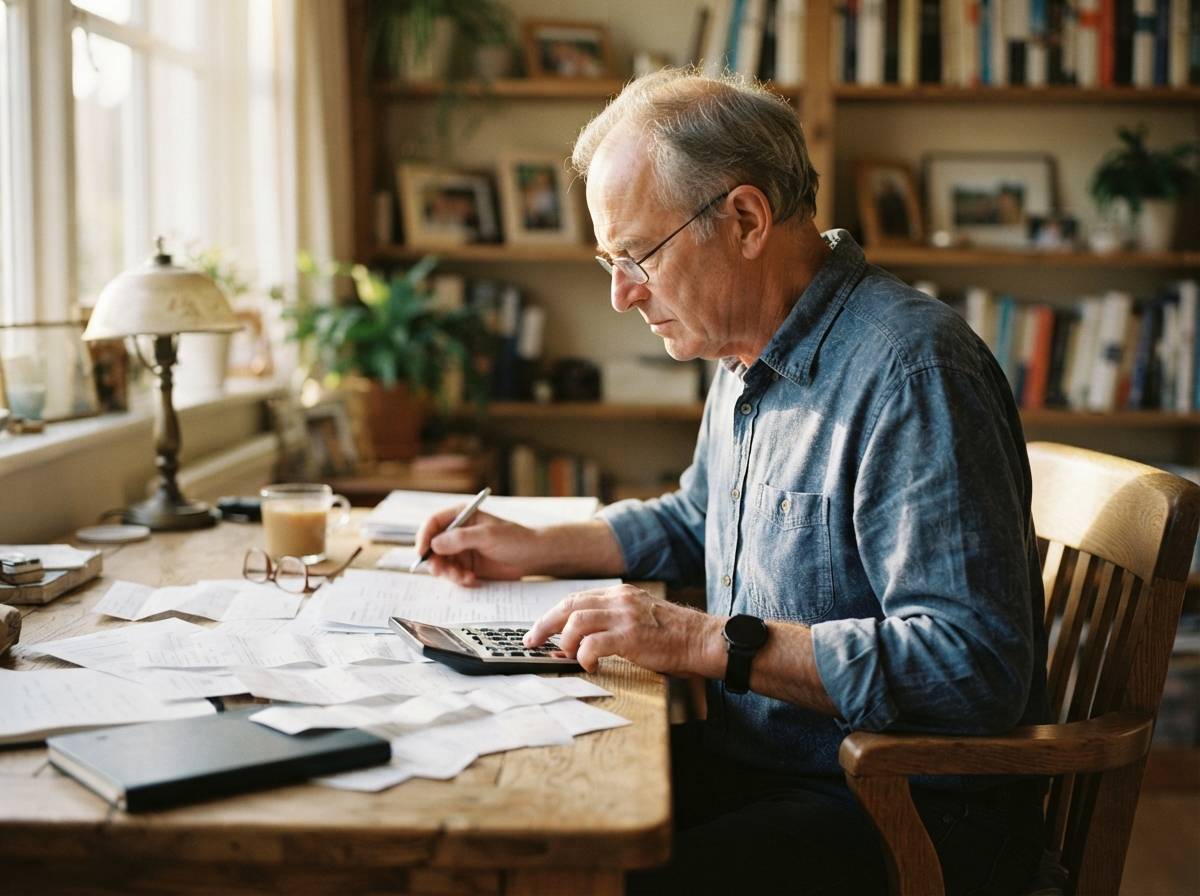 A close up of hands filling out retirement paperwork at a home desk.