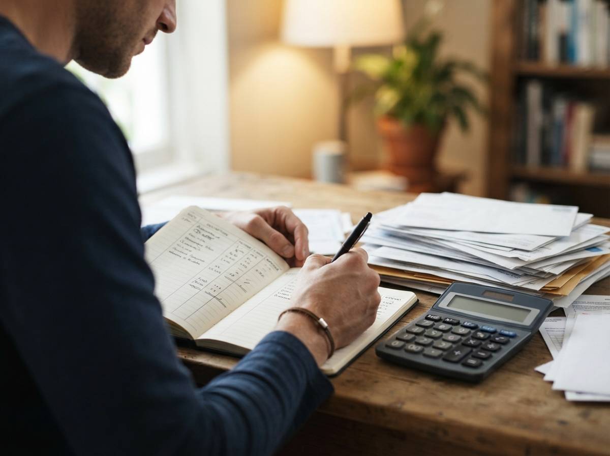 A couple reviewing retirement savings paperwork at their kitchen table.