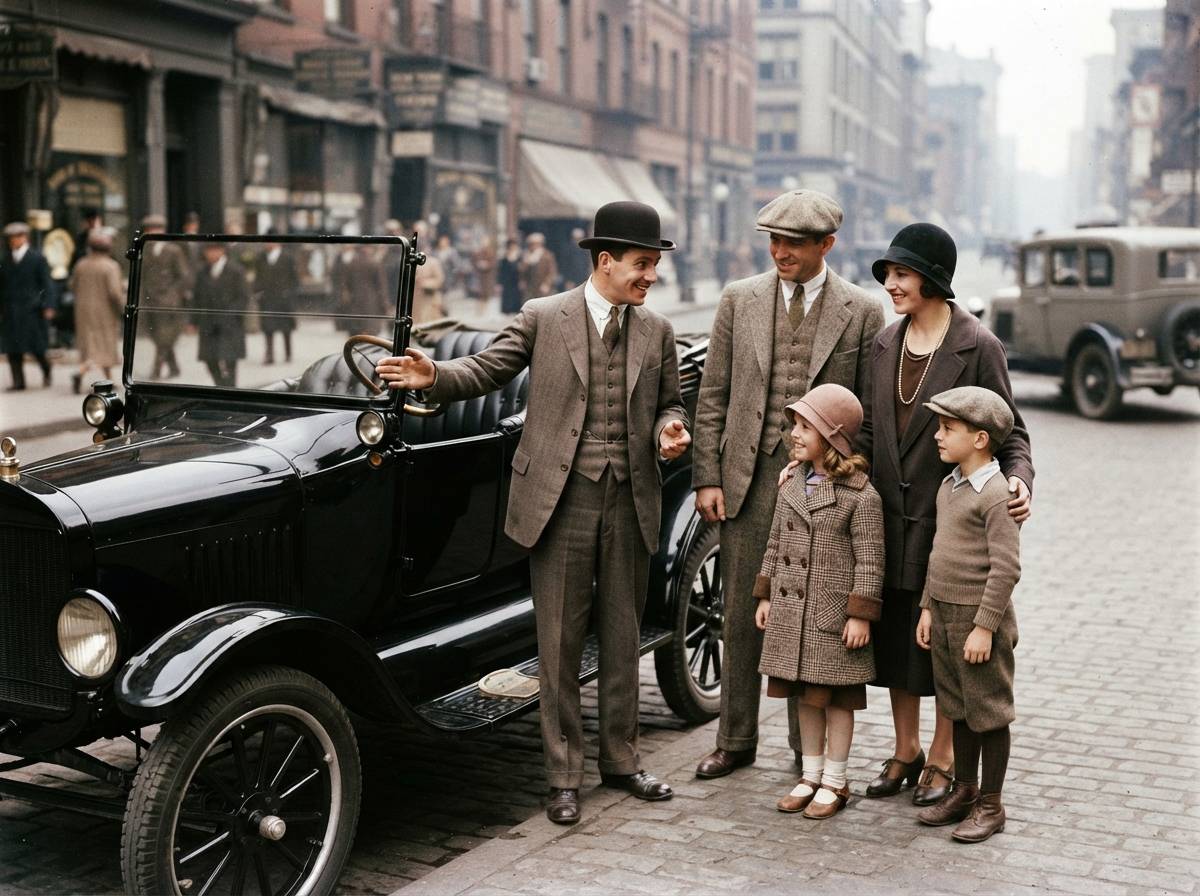 A family in 1920s clothing looks over a new automobile with a salesman on a city street.
