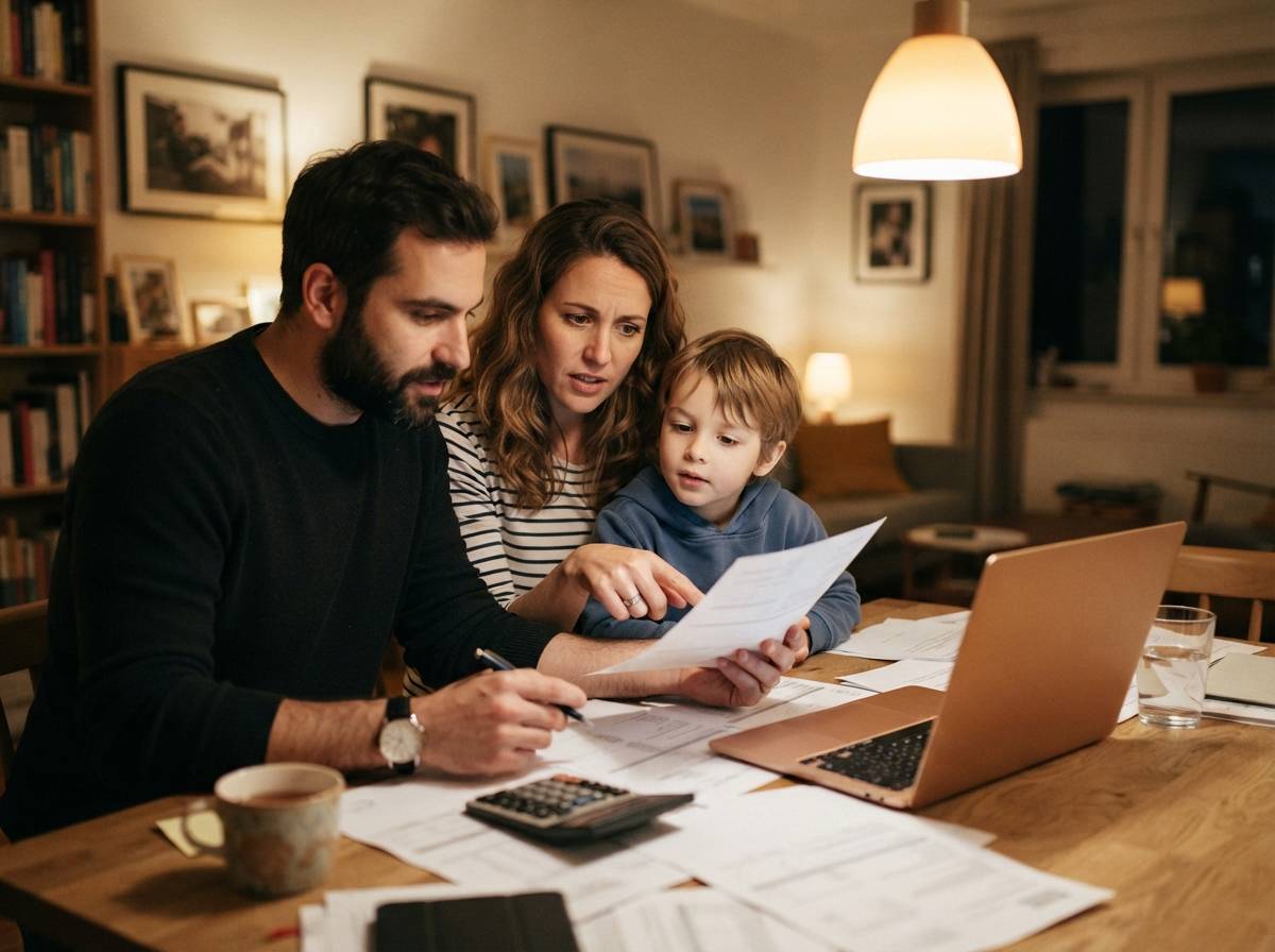 A family sits together on a couch sorting through household bills and bank statements.