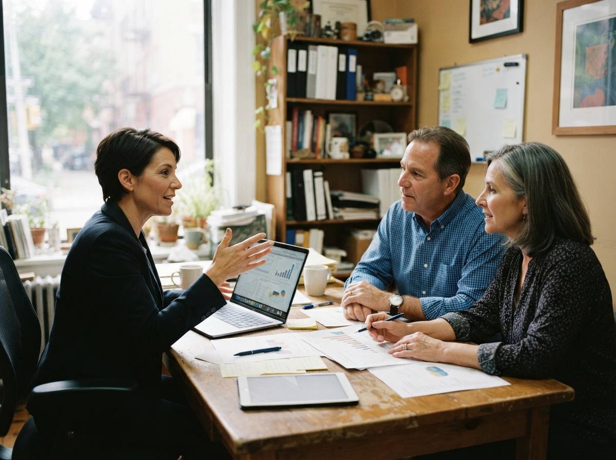 A financial advisor meets with a couple in their sixties to review their retirement savings plan.5000