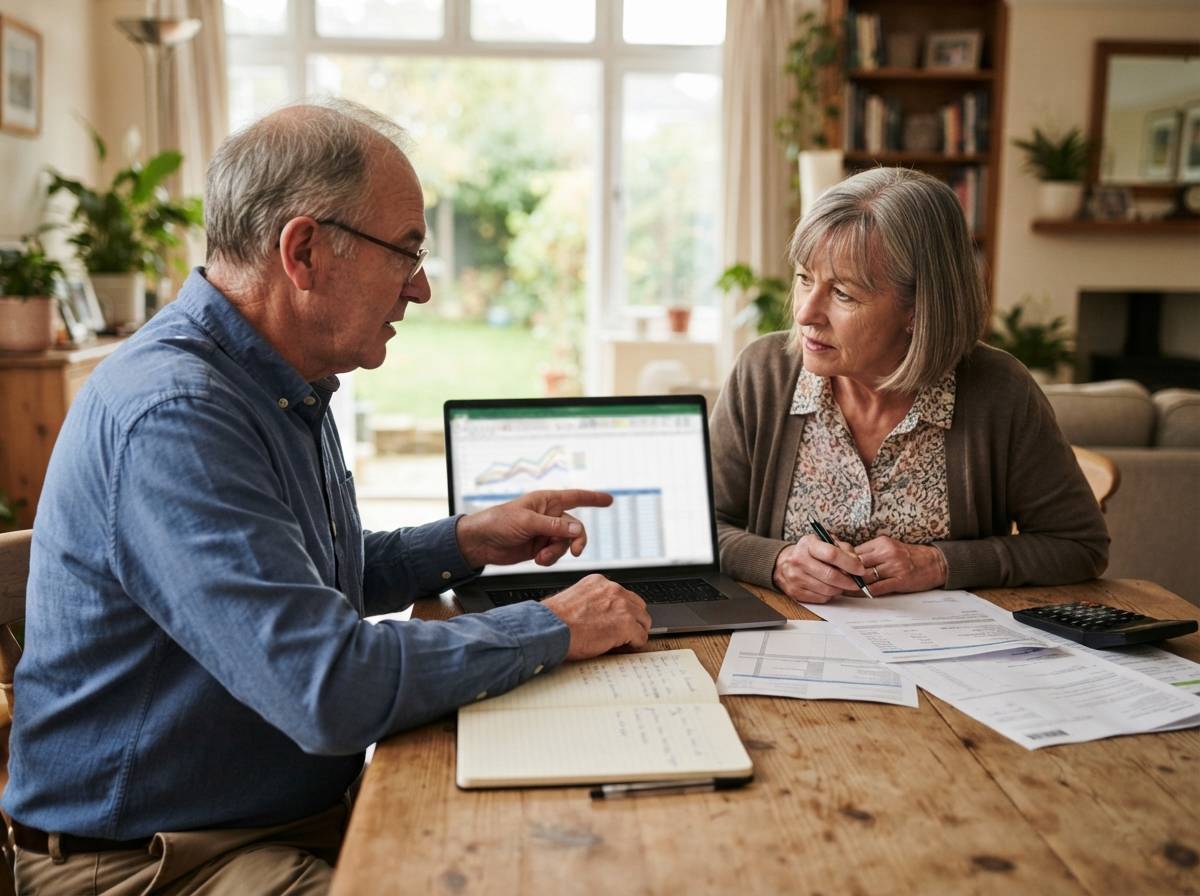 A financial advisor points to a printed retirement withdrawal plan during a client meeting.