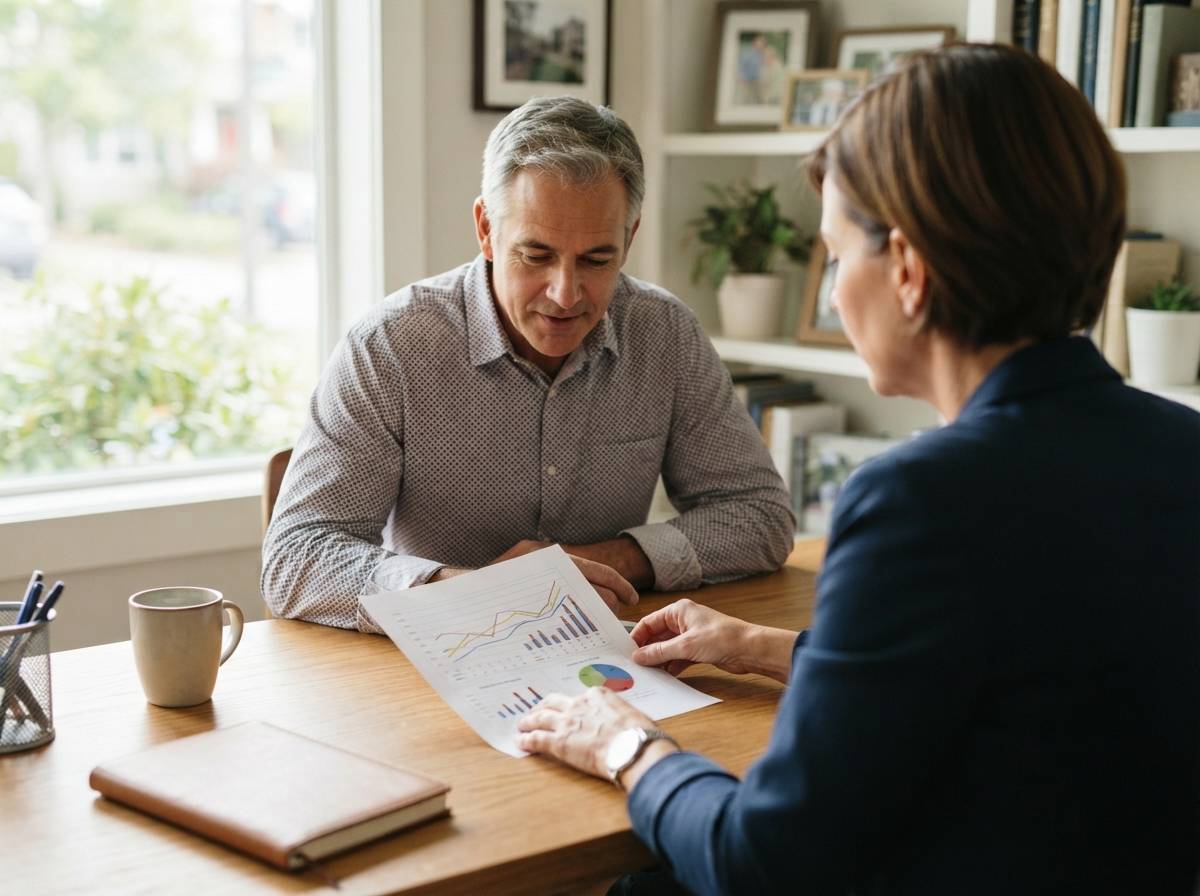 A financial planner discusses a retirement savings projection with a client in an office.