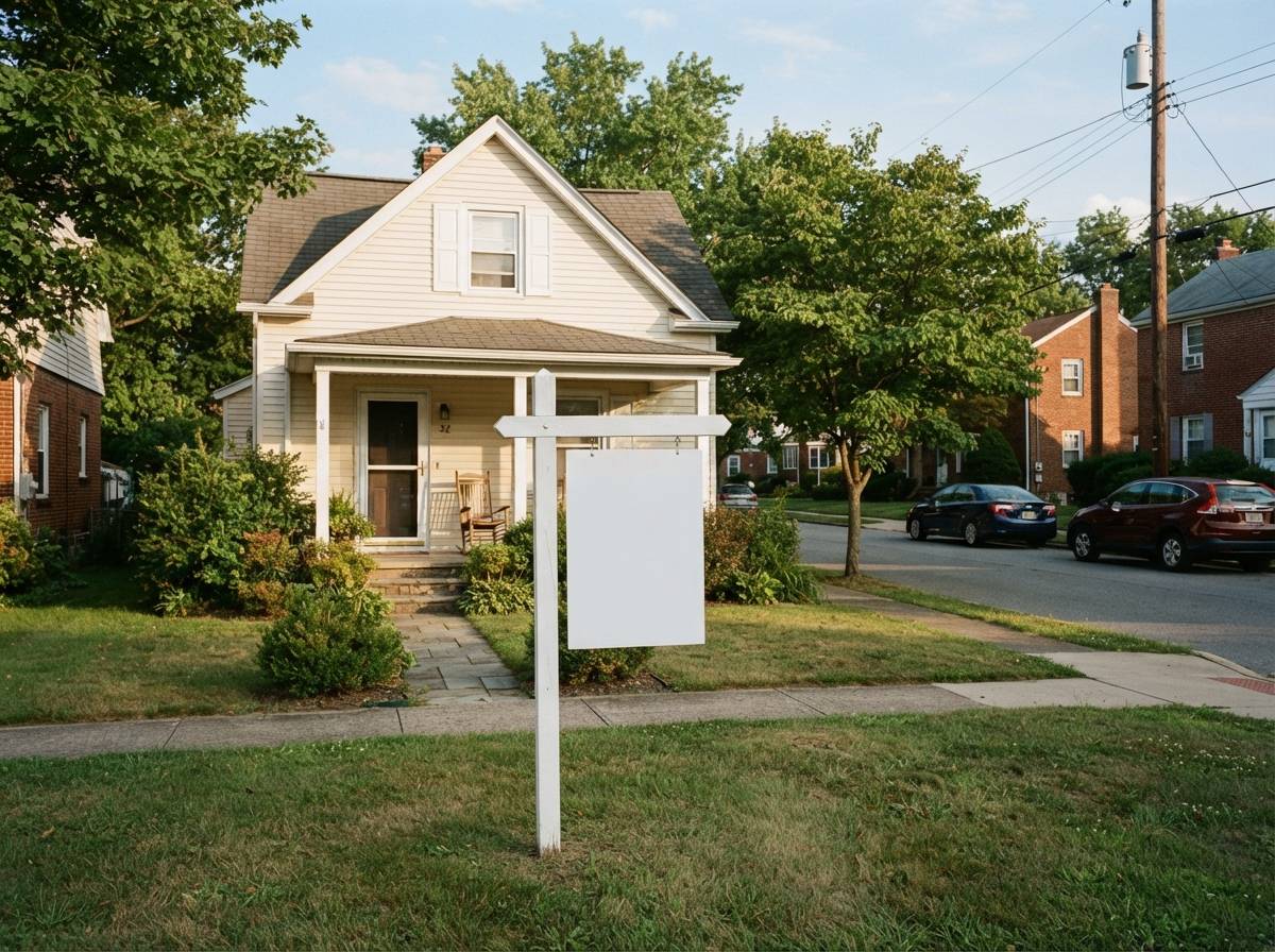 A for sale sign stands outside a modest home on a quiet street in a small Pennsylvania town.
