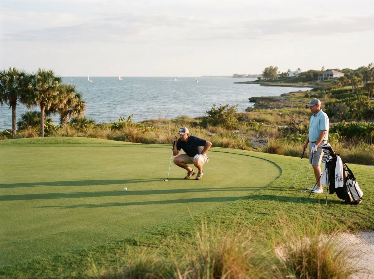 A golfer lines up a putt on a coastal course near Sarasota.