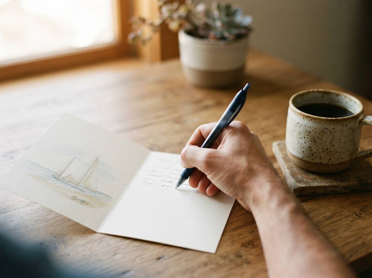 A hand writes a personal note inside a retirement card at a desk.