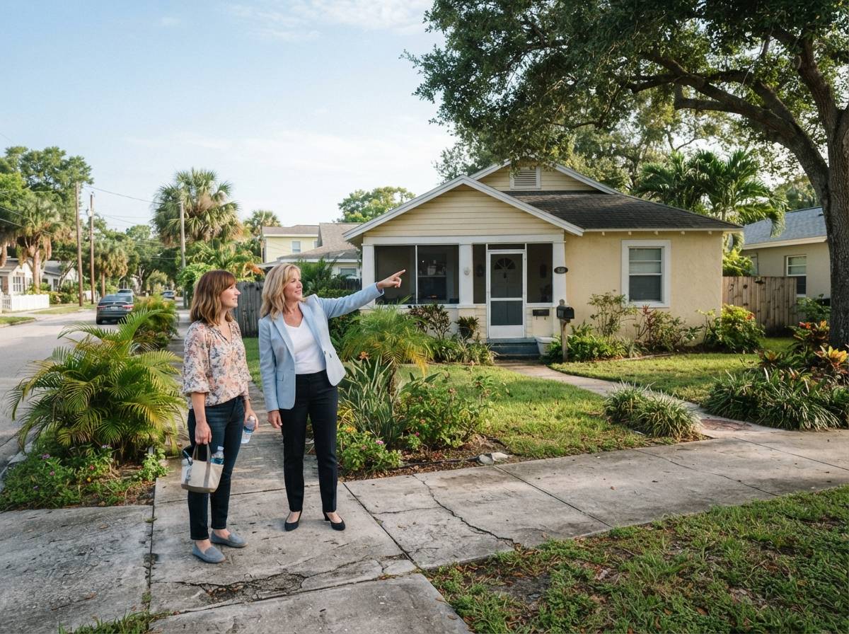 A home buyer and real estate agent look at a house in a Venice, Florida neighborhood.