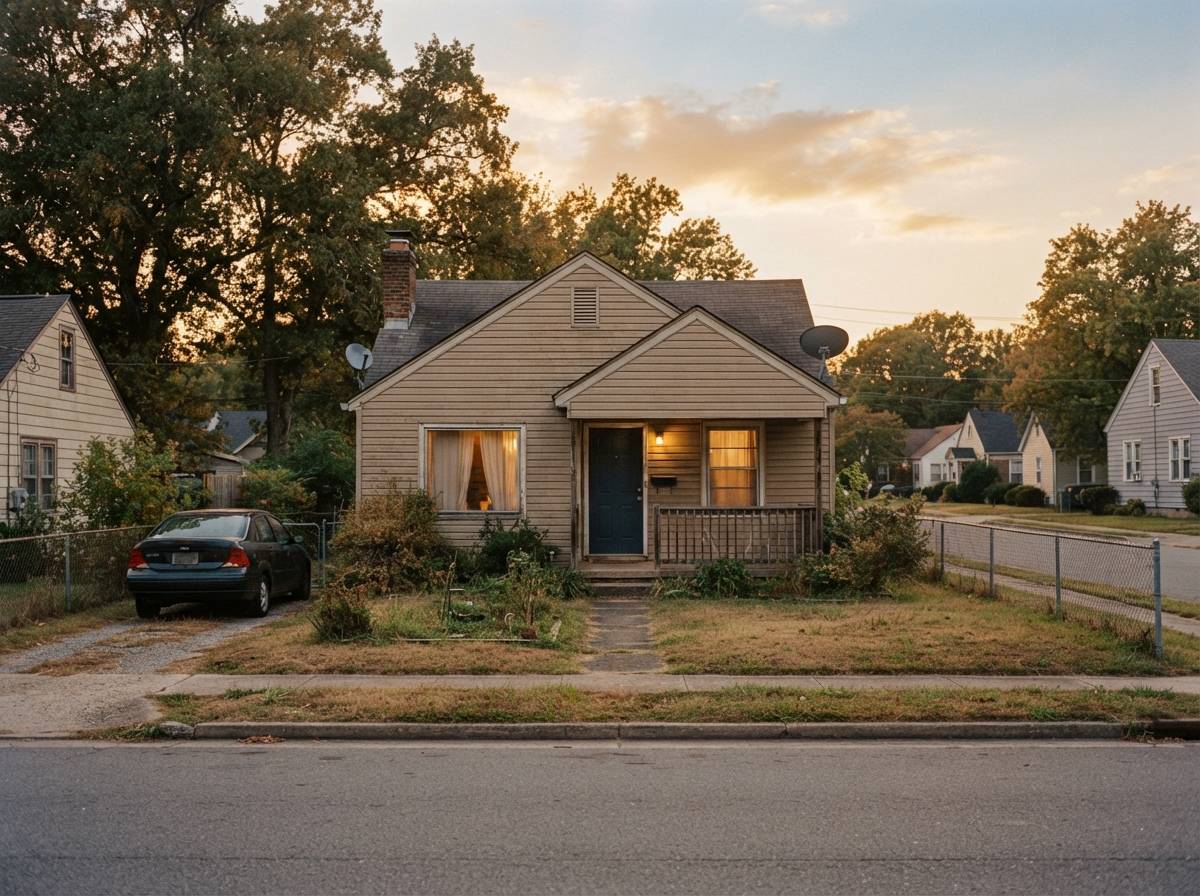 A modest single family home exterior photographed at golden hour.