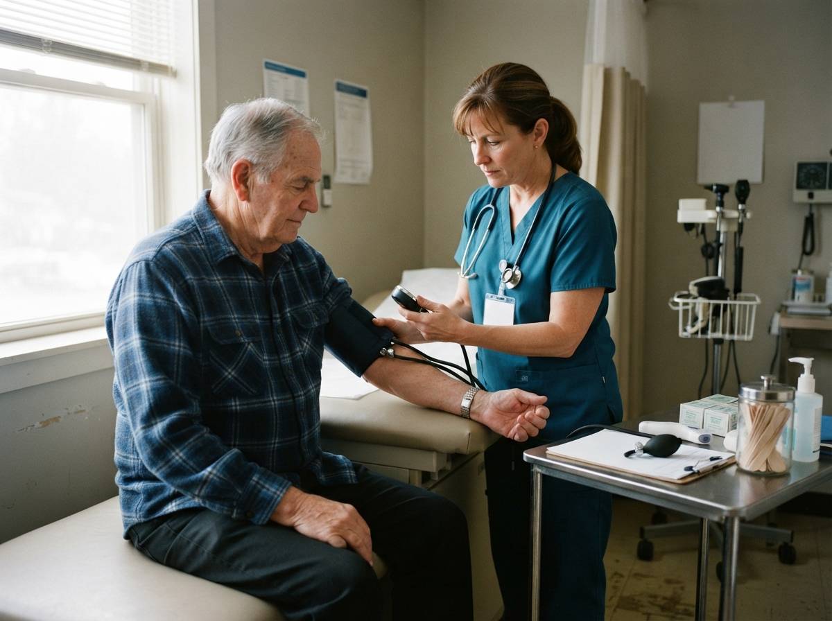 A nurse checks an older man's blood pressure during a routine clinic visit.atearticletags1_placeholder