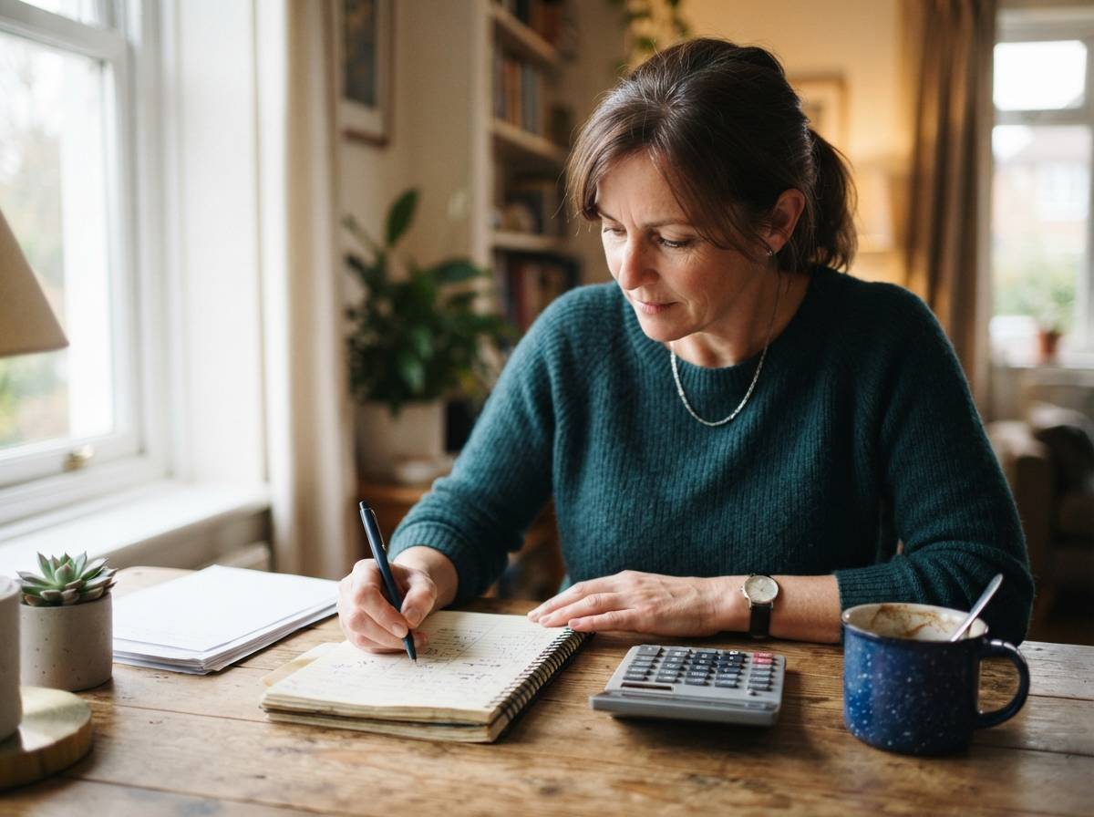 A person at a home desk calculates retirement savings figures in a notebook next to a calculator.