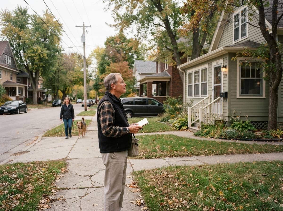 A prospective retiree views a home on a residential street in Iowa City.