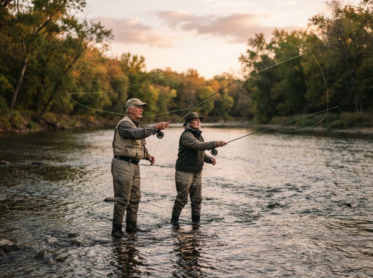 A retired couple fly fish together in a wide river at dusk.