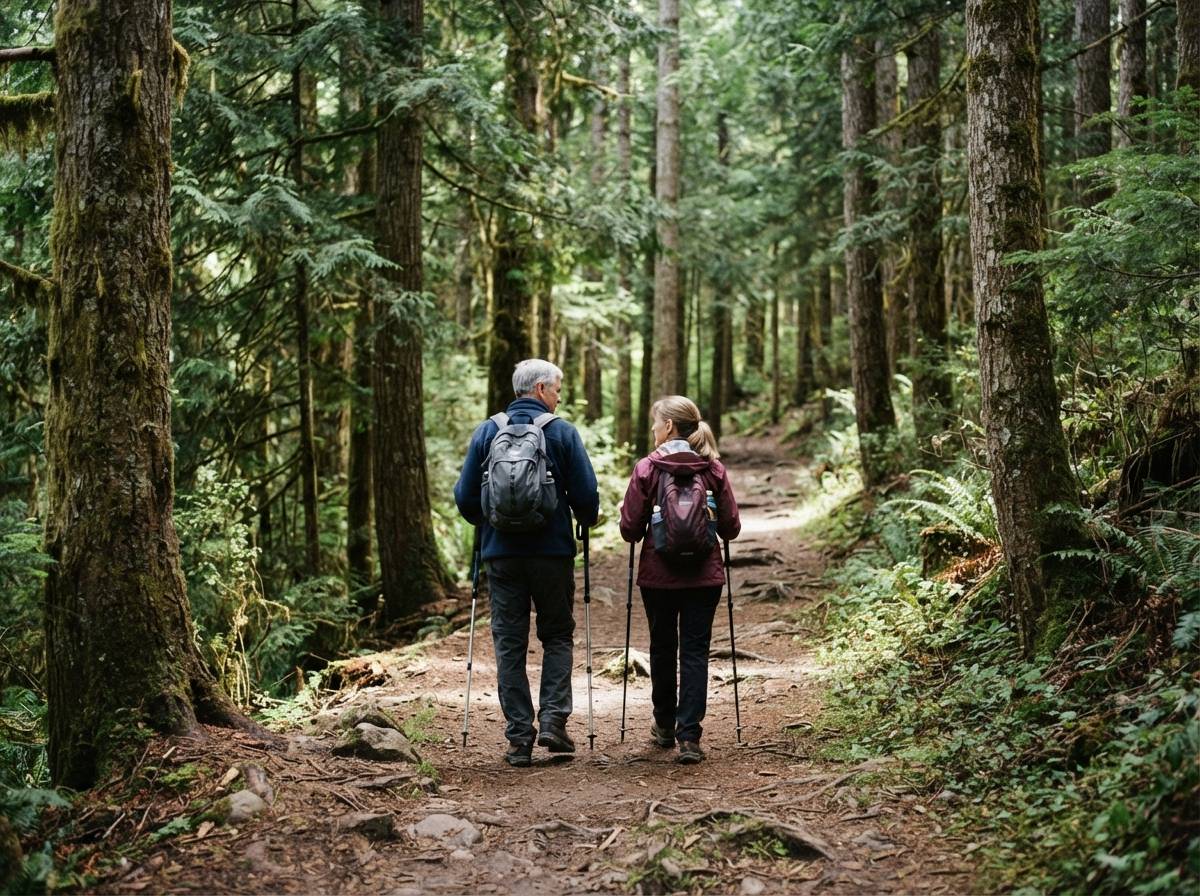 A retired couple hikes along a forested trail in the Pacific Northwest.