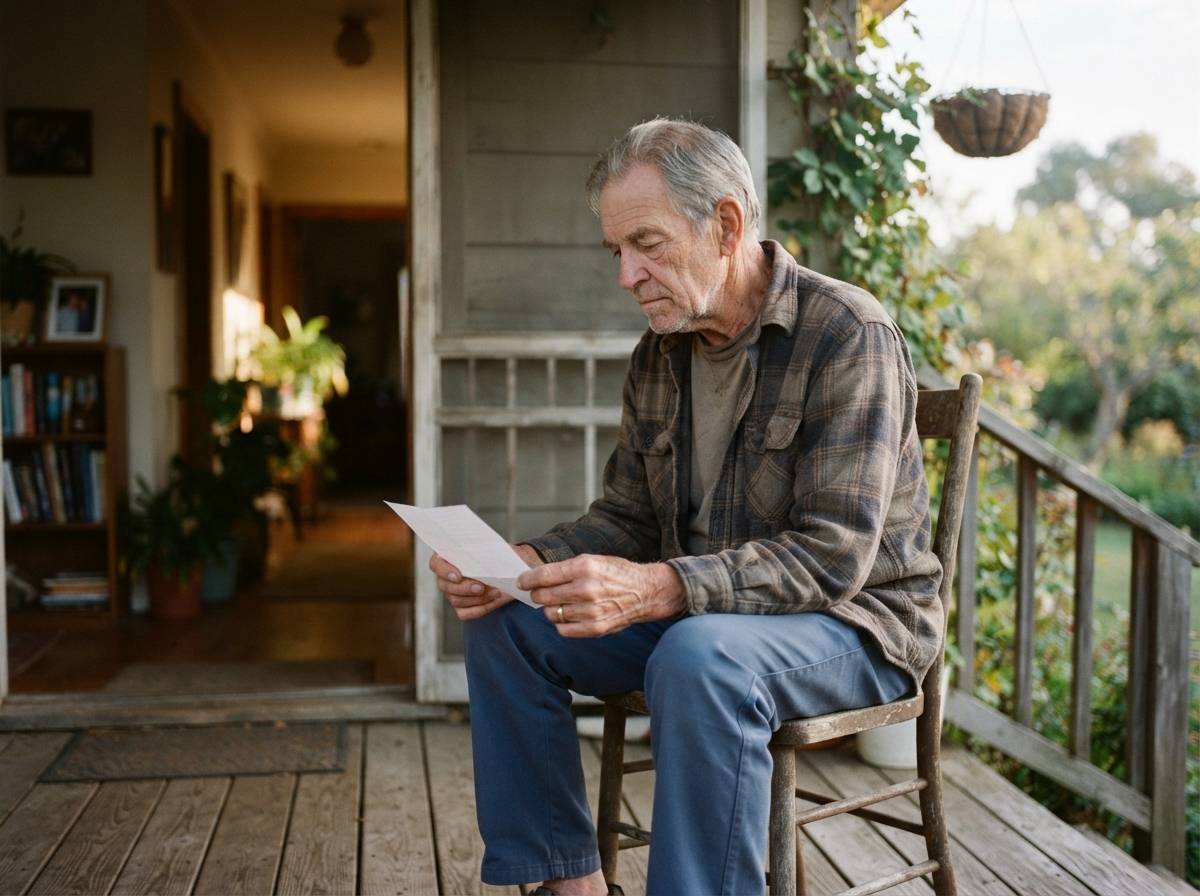 A retired man sits on his porch holding a Social Security benefits letter in the morning light.