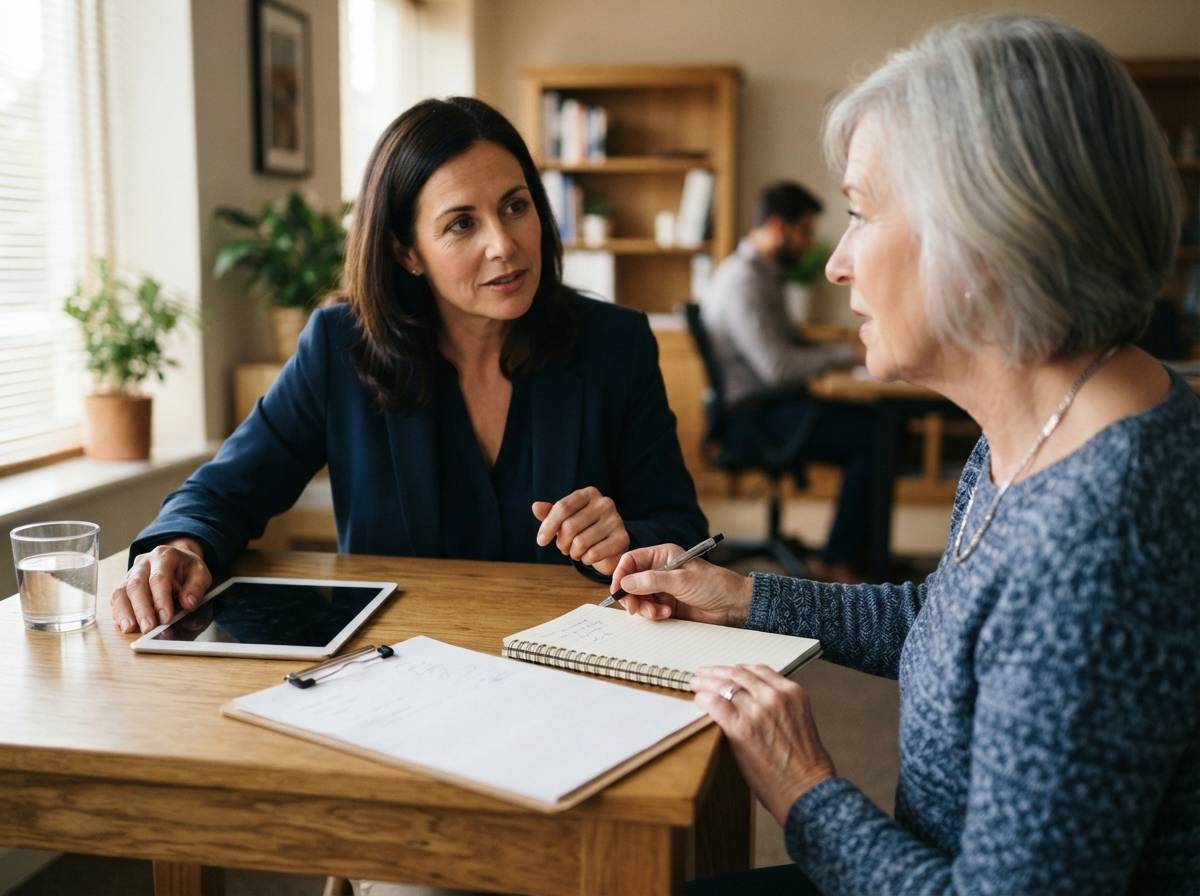 A retired woman discusses savings papers with a financial professional.