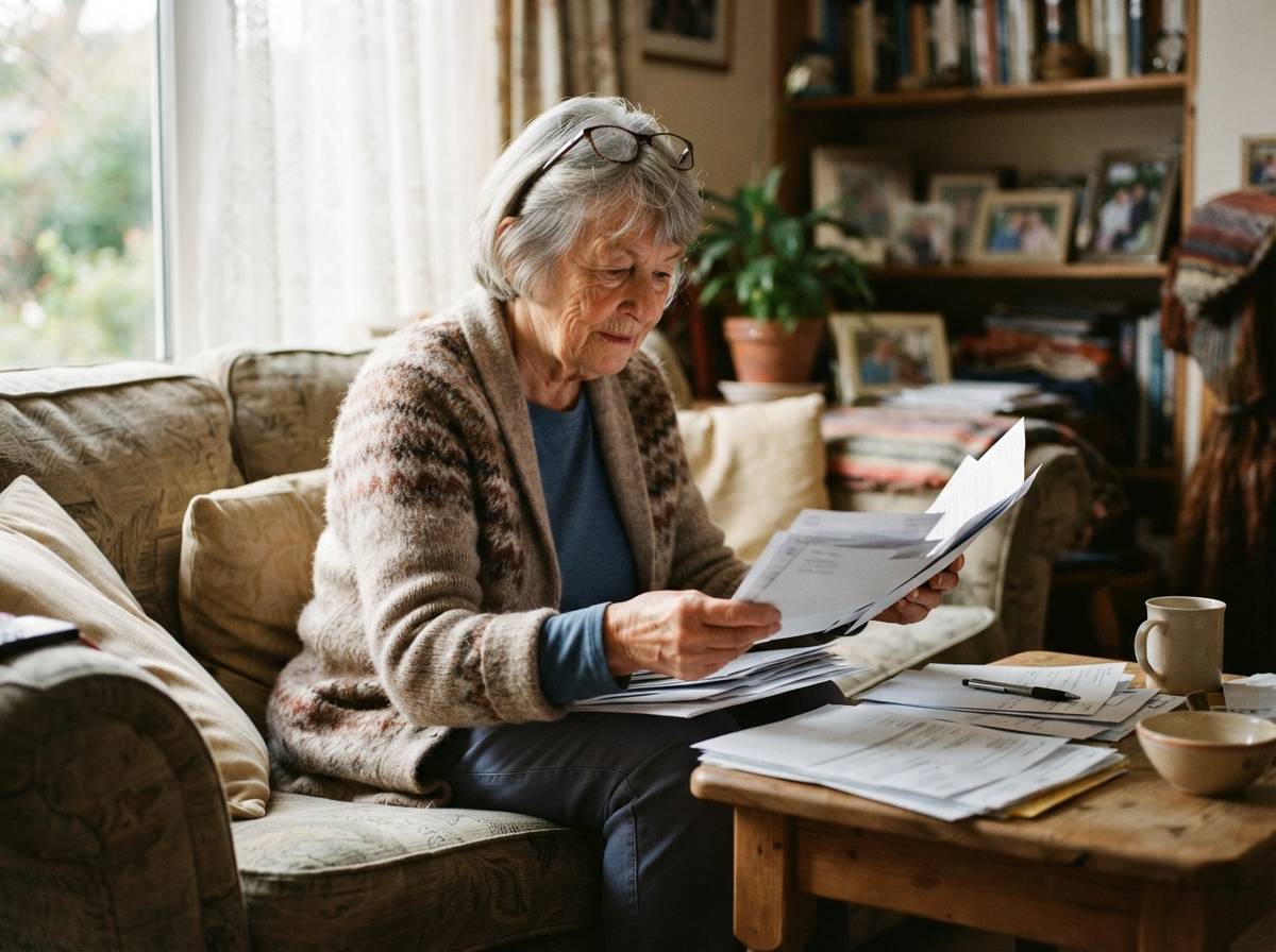 A retired woman sorts through pension and retirement paperwork in her living room.