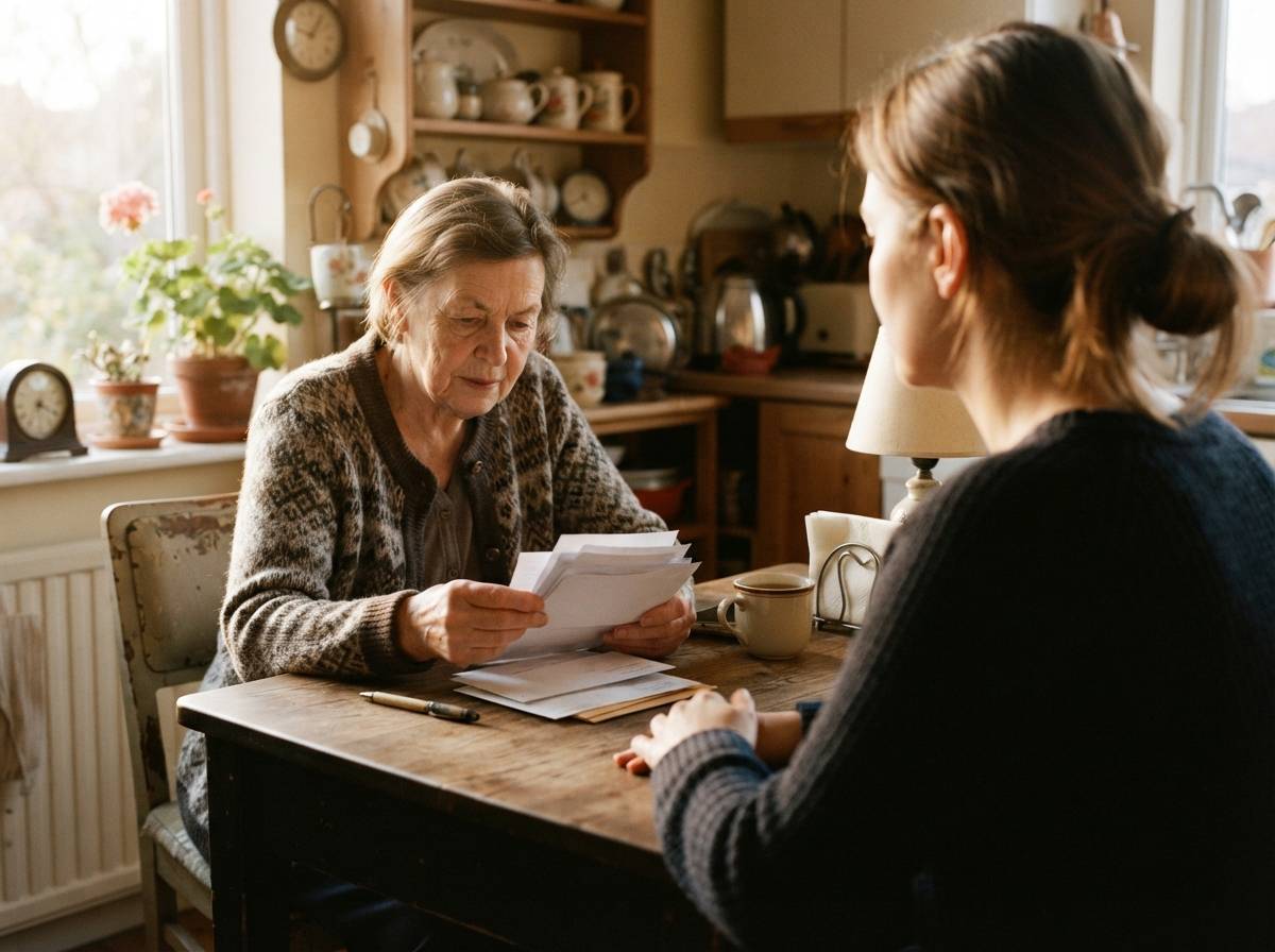 A retiree discusses household bills with a family member at the kitchen table.