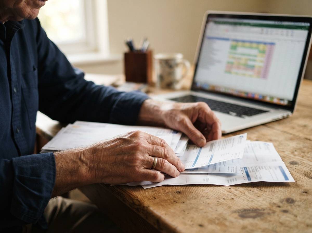 A retiree reviews bills and a bank statement at his desk while a laptop spreadsheet is visible in the background.