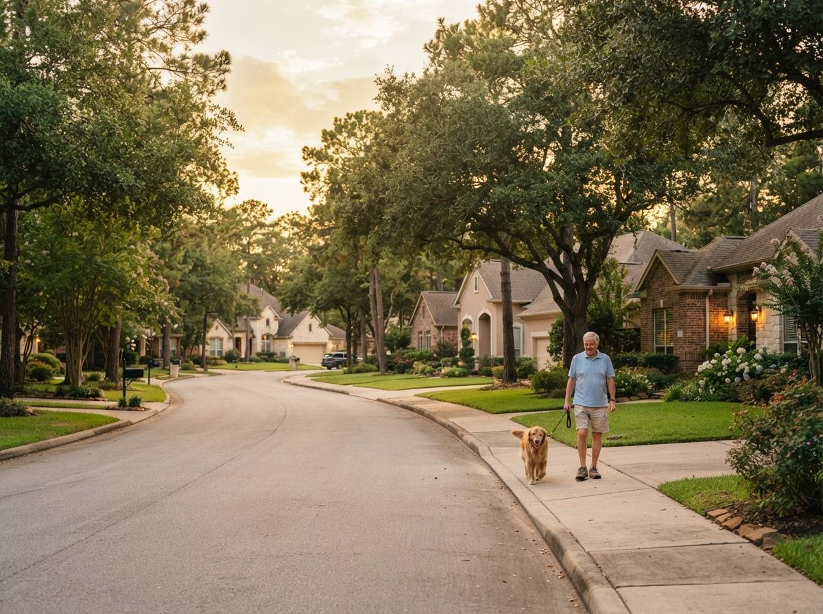 A retiree walks a dog along a tree lined suburban street in Houston at golden hour.