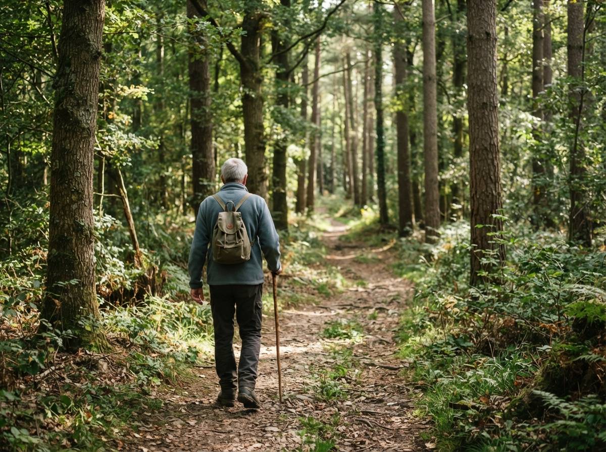 A retiree walks alone along a sunlit forest trail with a small daypack.