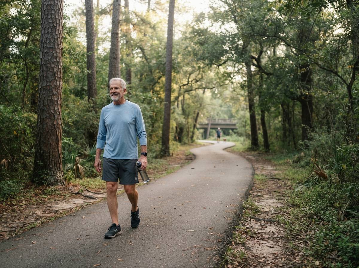 A retiree walks along a shaded park trail in Houston during early morning.