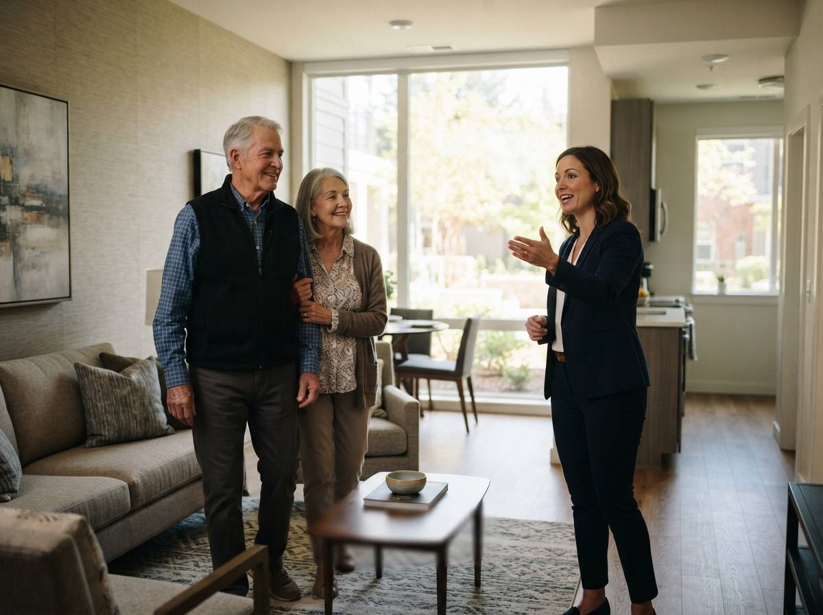 A senior couple tours a furnished apartment with a guide inside a retirement community.