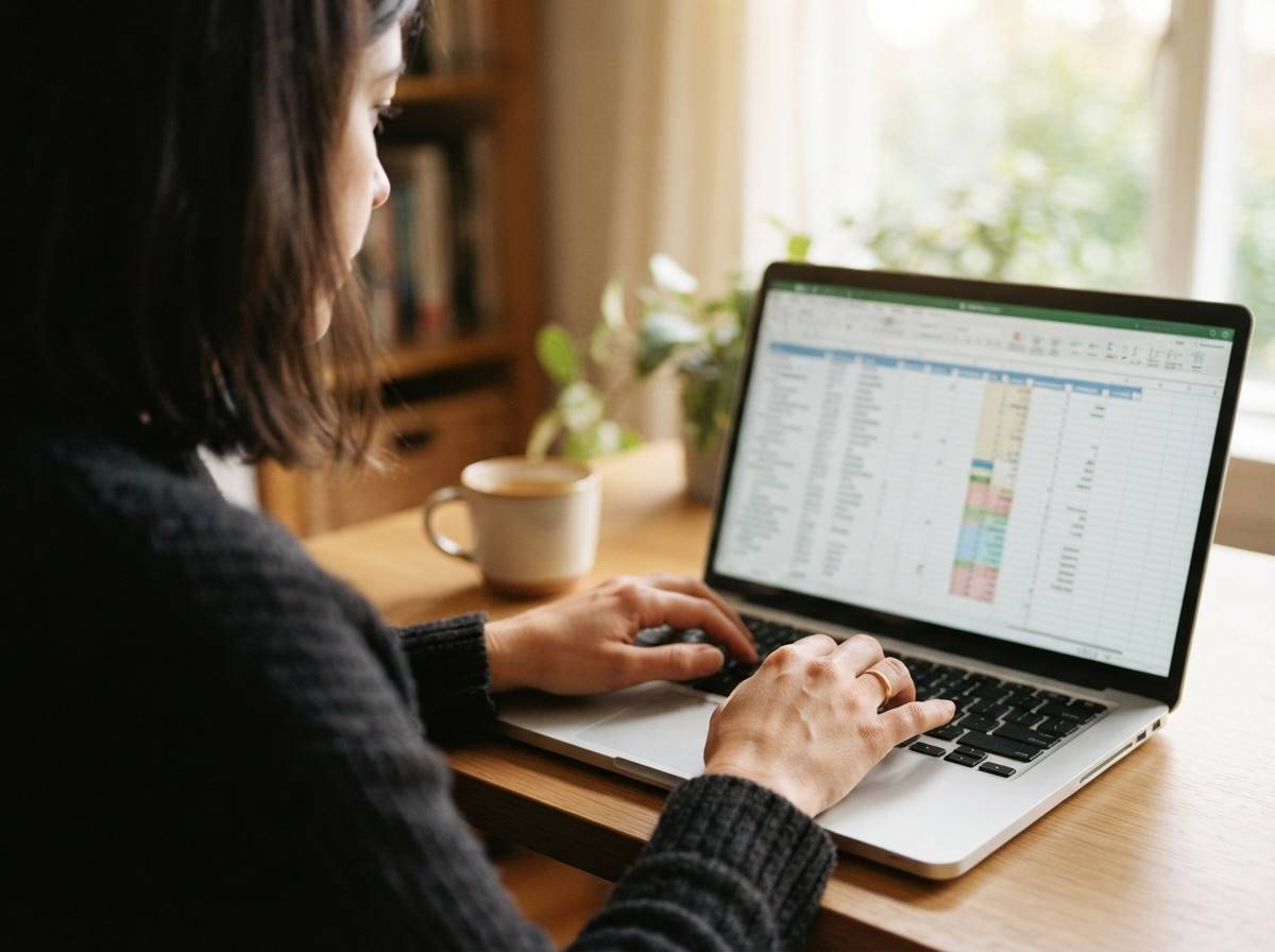 A woman types savings figures into a laptop while reviewing her retirement plan.