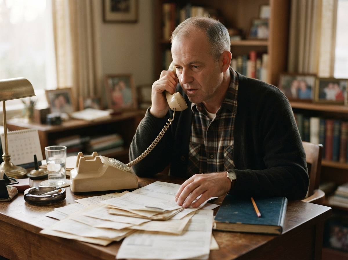 A worker in their 50s sorts retirement papers at a home desk.