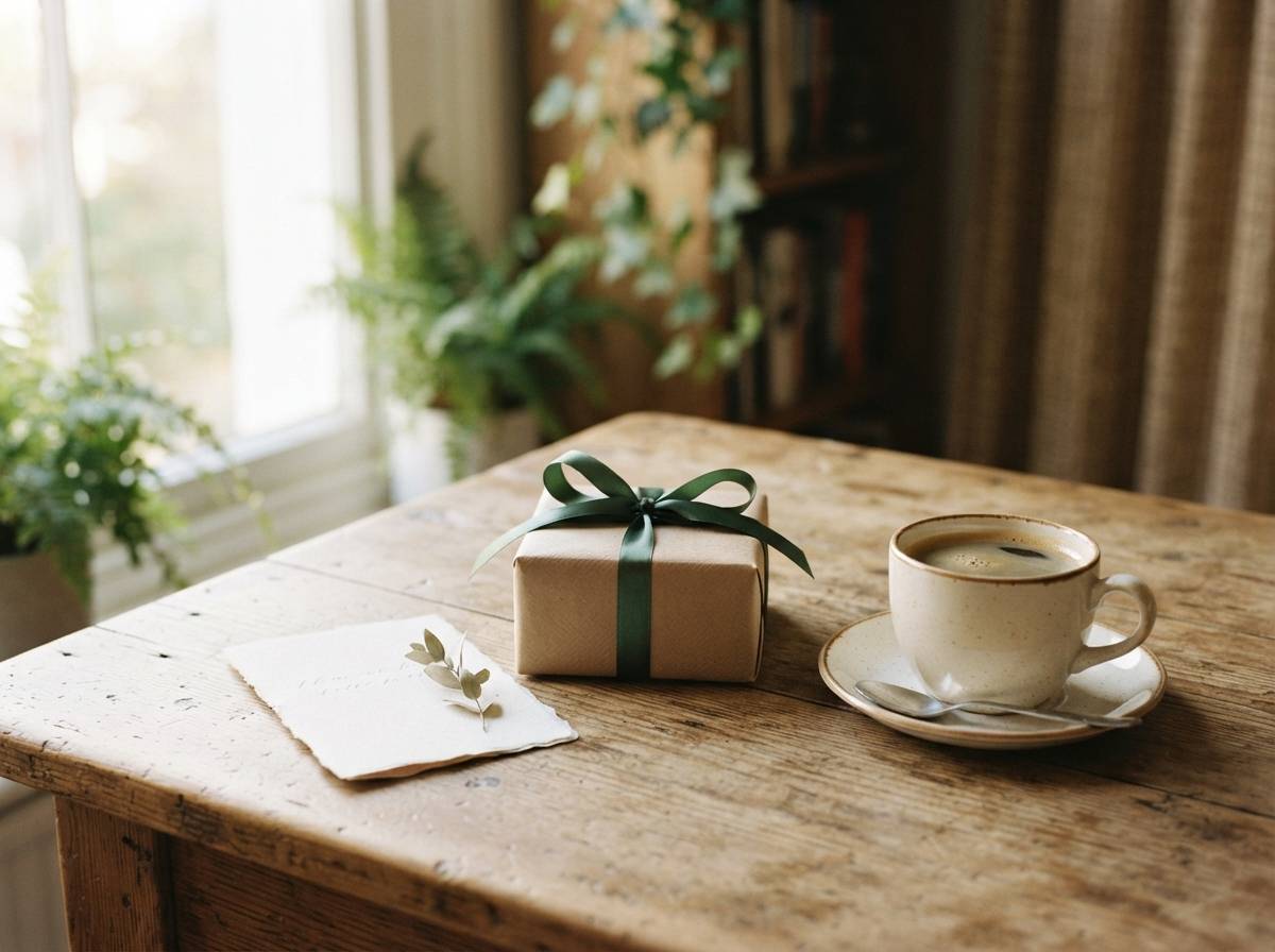 A wrapped retirement gift and handwritten card rest on a wooden table beside a cup of coffee.
