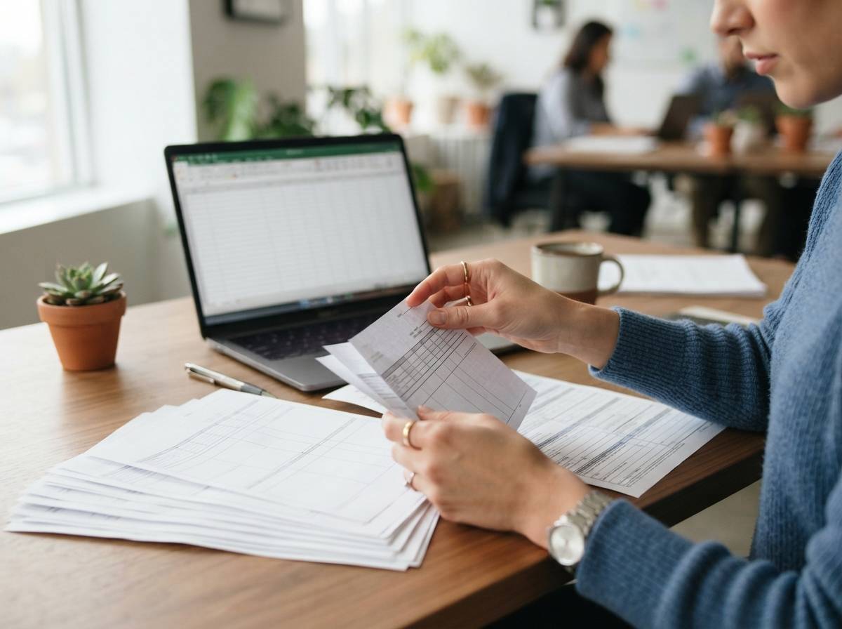 A young employee reviews pay stubs and a benefits enrollment form on a desk.