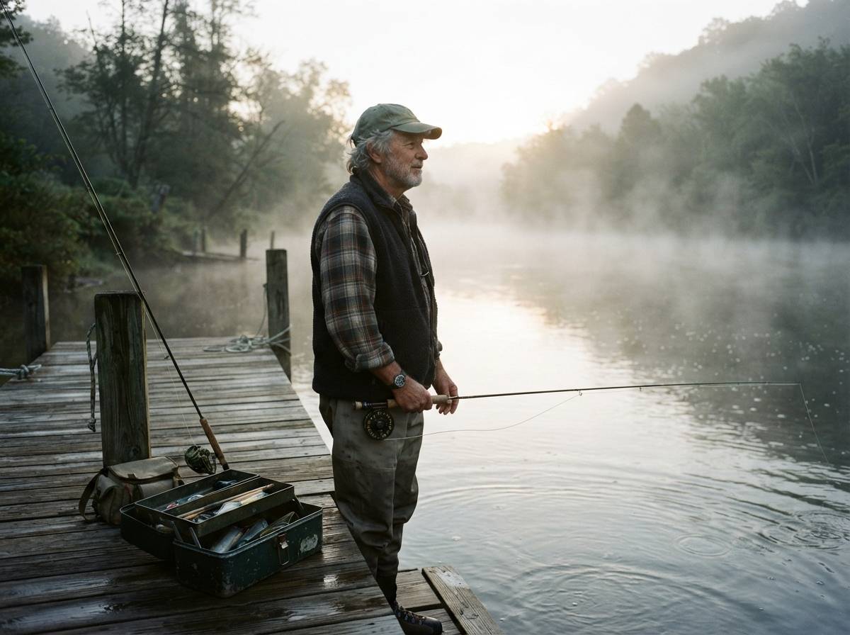 An angler stands on a dock at sunrise with fishing gear beside him as mist rises from the river.