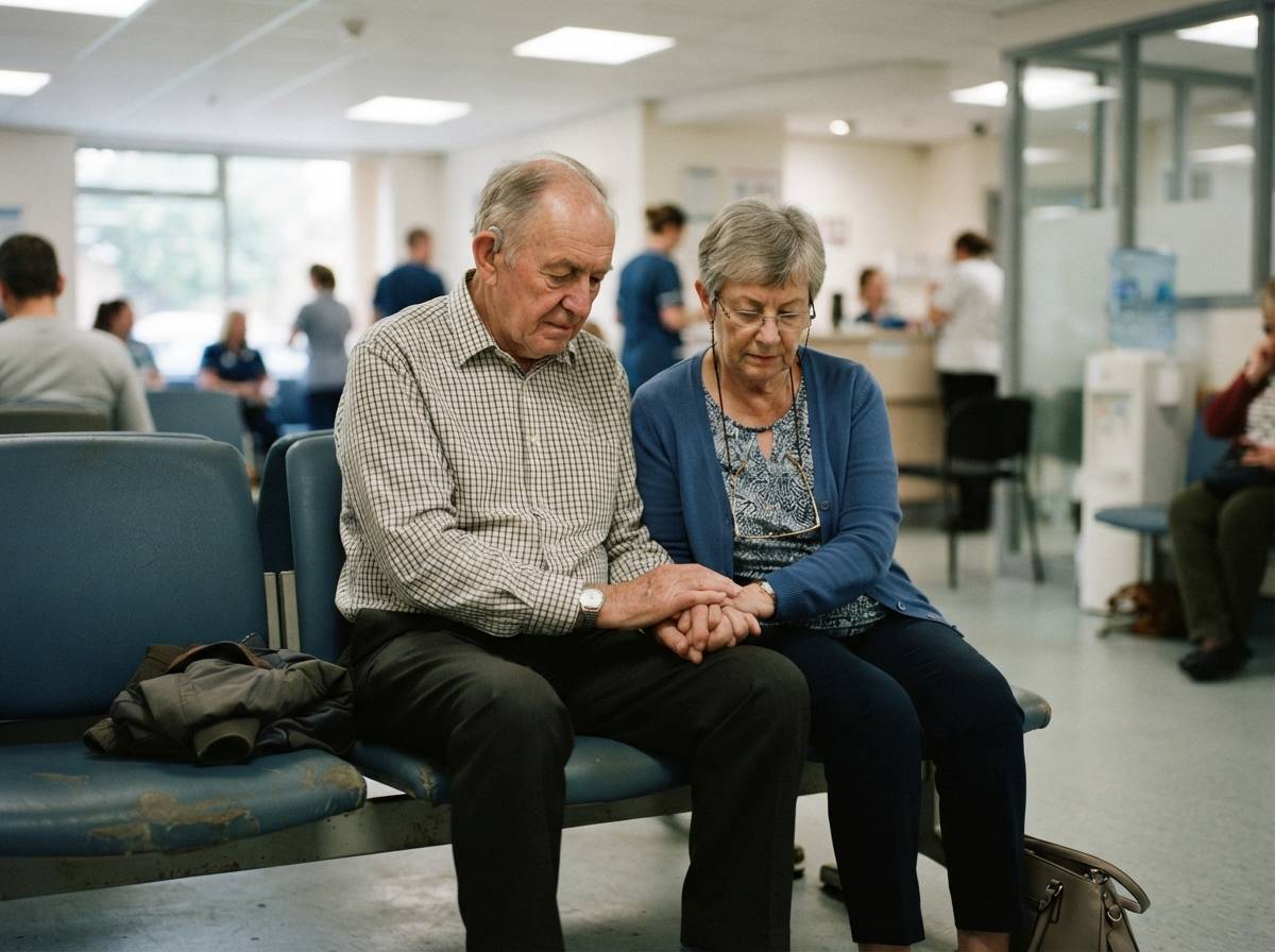 An elderly couple sits together in a hospital waiting room.