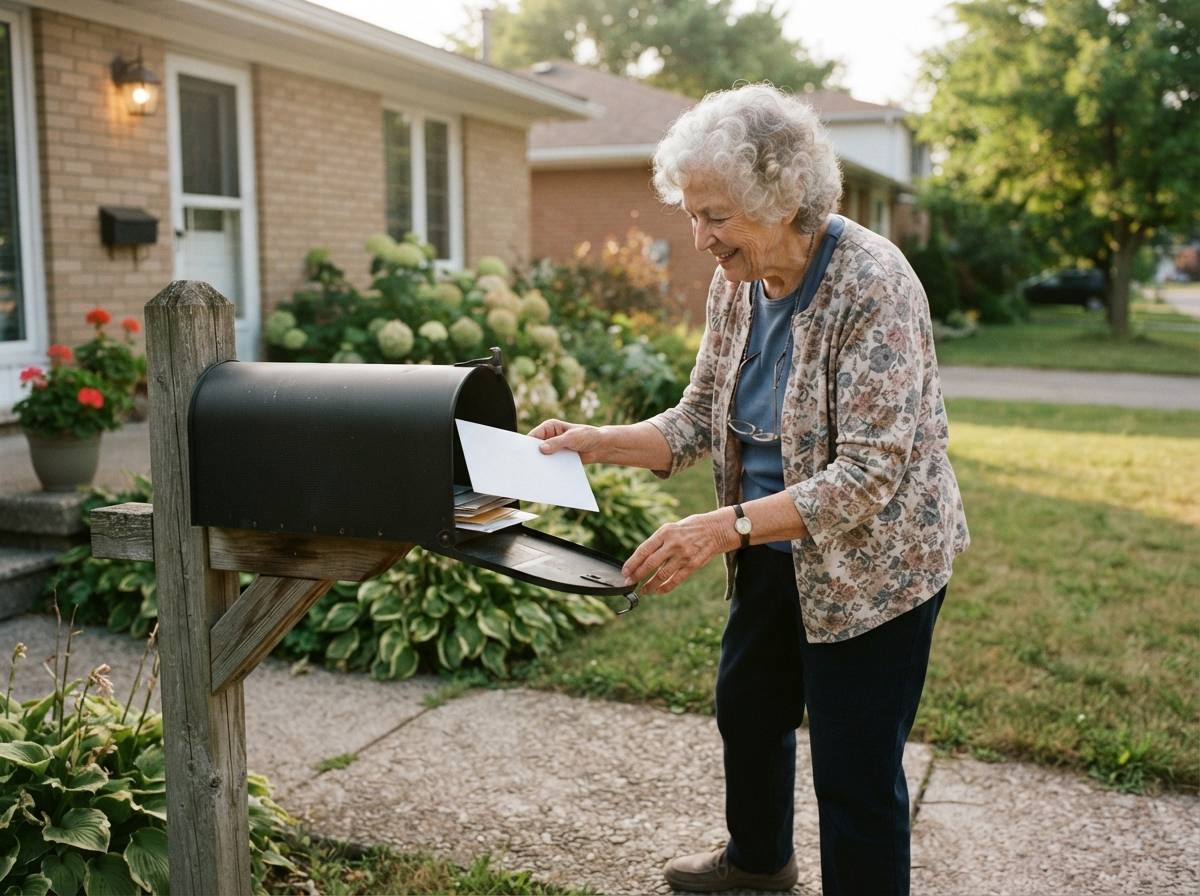 An elderly woman checks her mailbox for a benefits statement outside her home.
