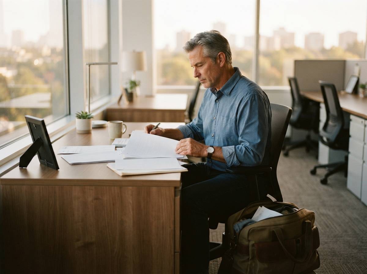 An employee reviews retirement paperwork beside a packed bag at an office desk.