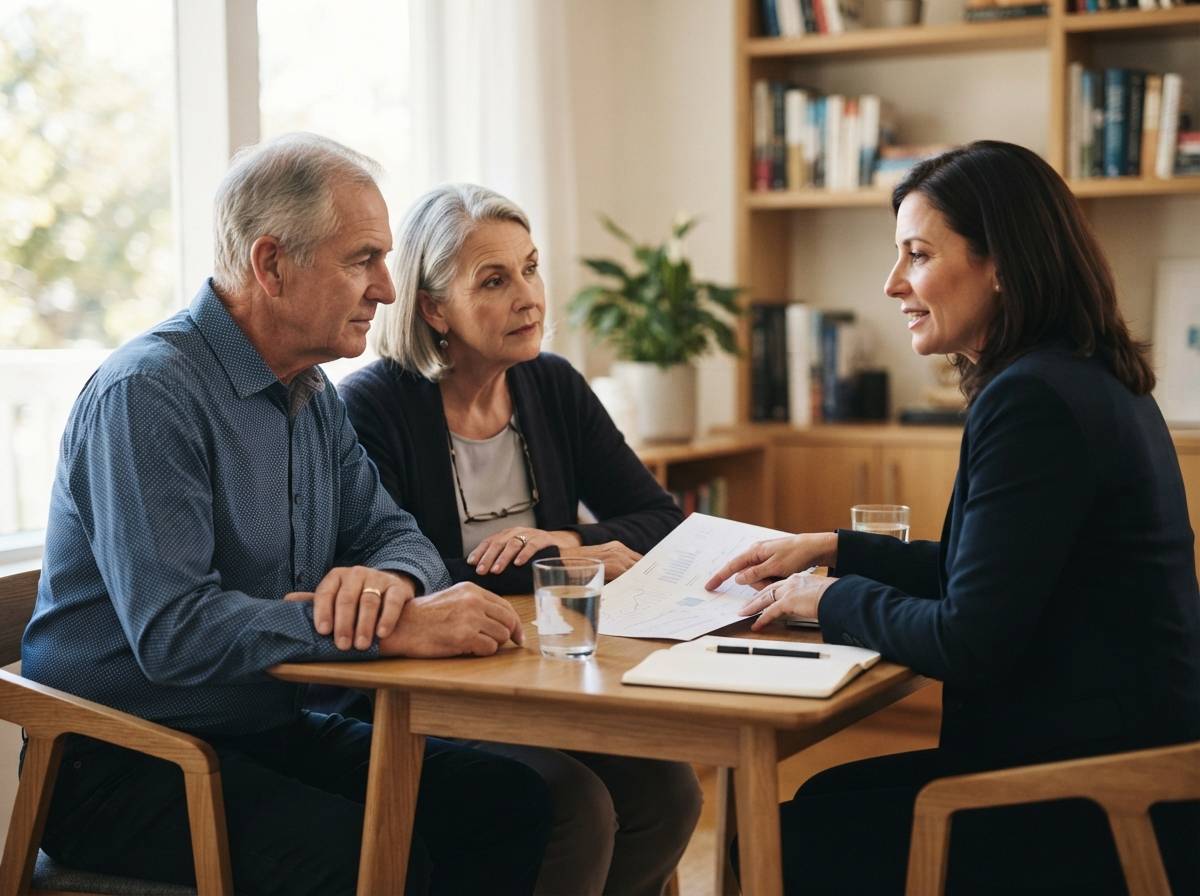 An older couple discusses retirement income with a financial professional.