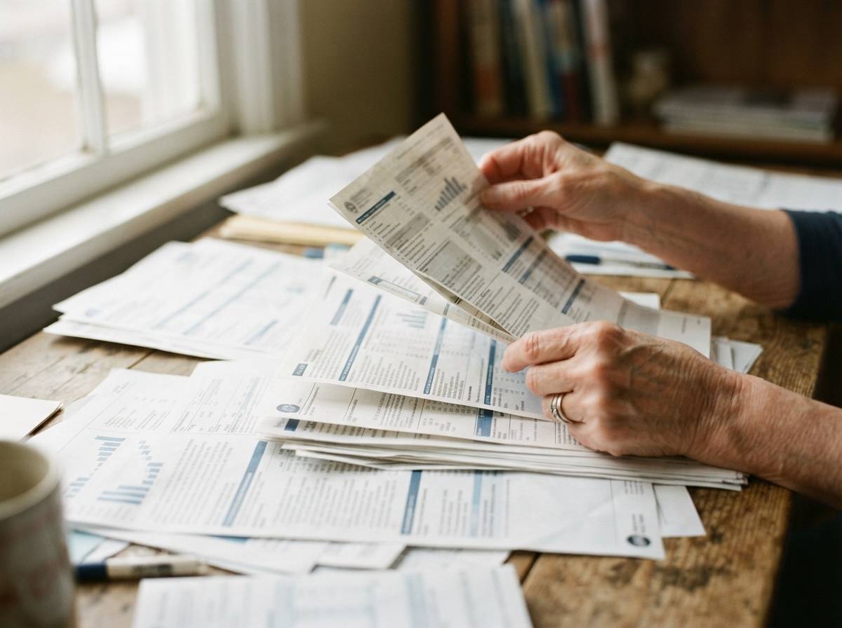 An older couple looks over retirement paperwork together on their living room couch.