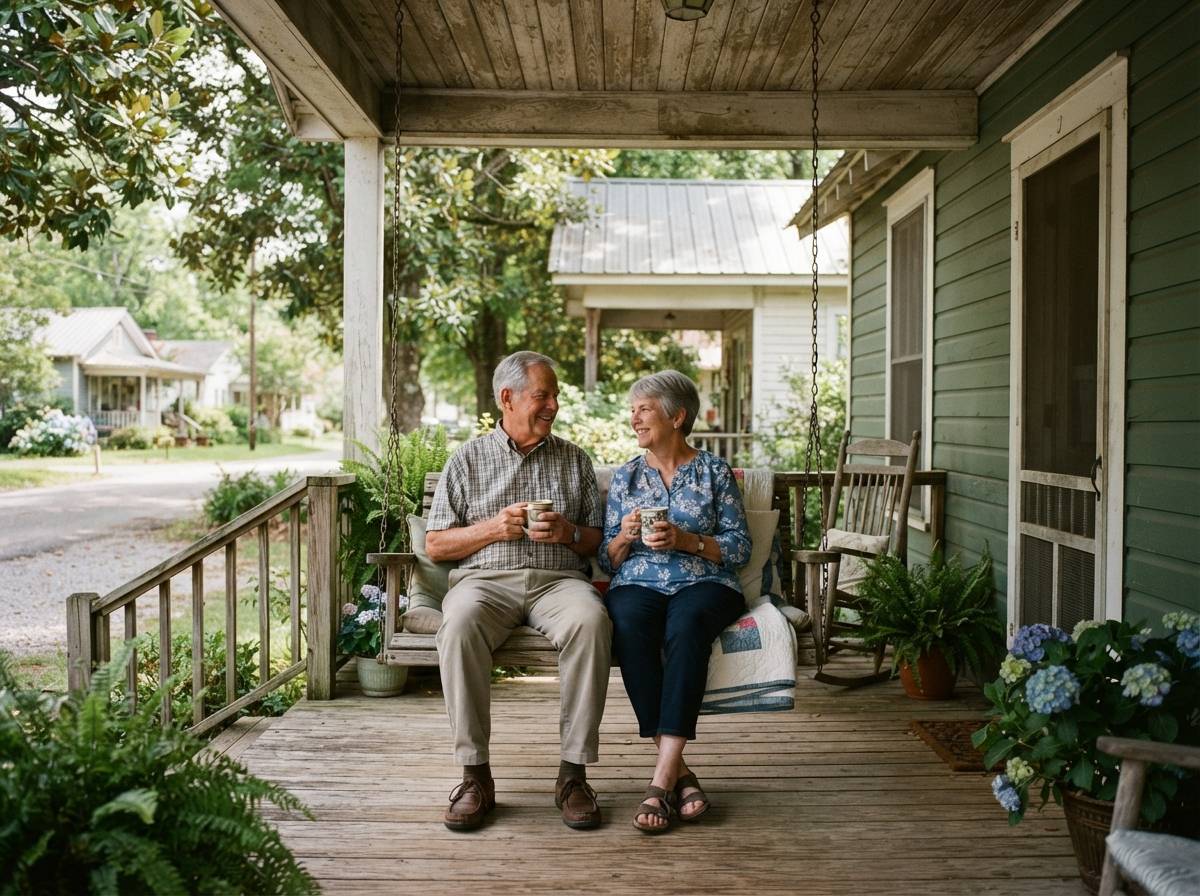 An older couple relaxes on a porch swing outside their home in a small town.