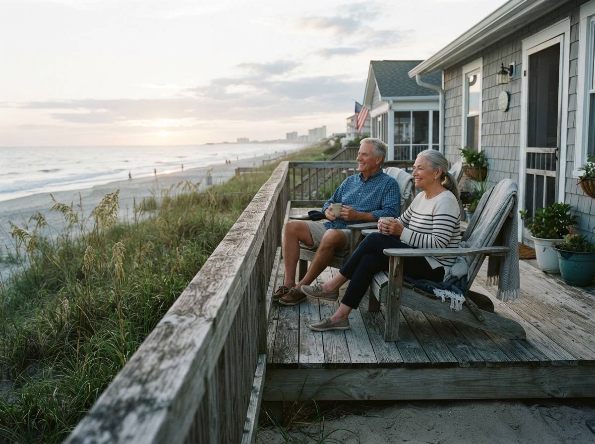 An older couple relaxing on a porch overlooking the ocean near Myrtle Beach, South Carolina.