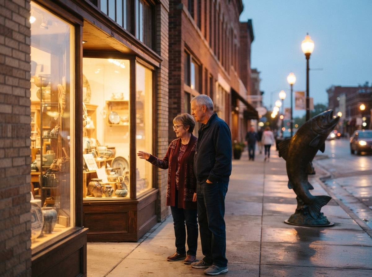 An older couple strolls past shops and a sculpture on a downtown Sioux Falls street in the evening.