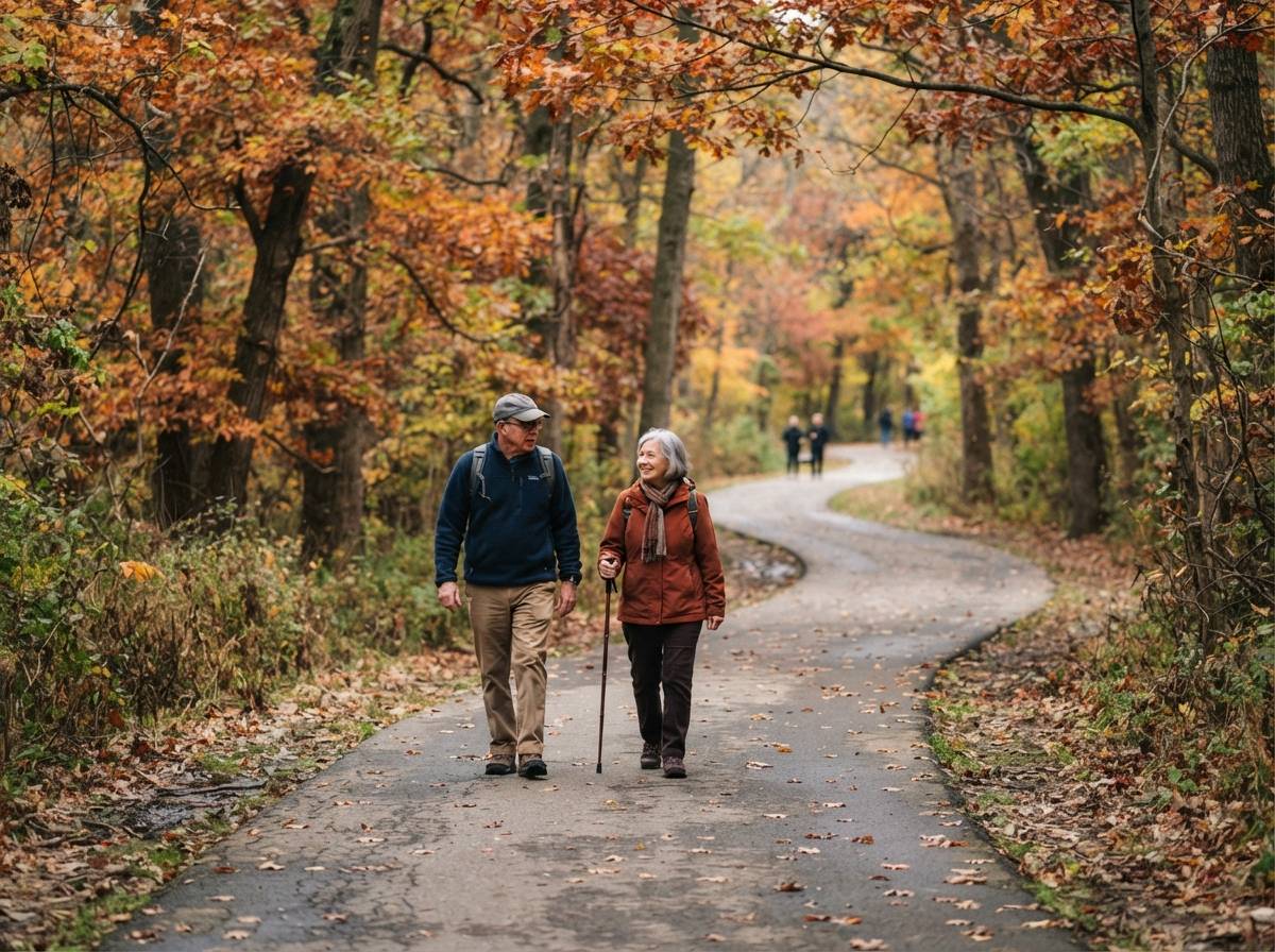 An older couple walks along a park trail lined with autumn trees near Mechanicsburg, Pennsylvania.