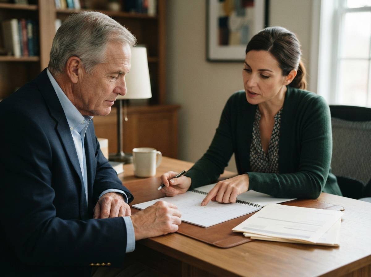 An older investor discusses a bond maturity plan with a financial adviser.
