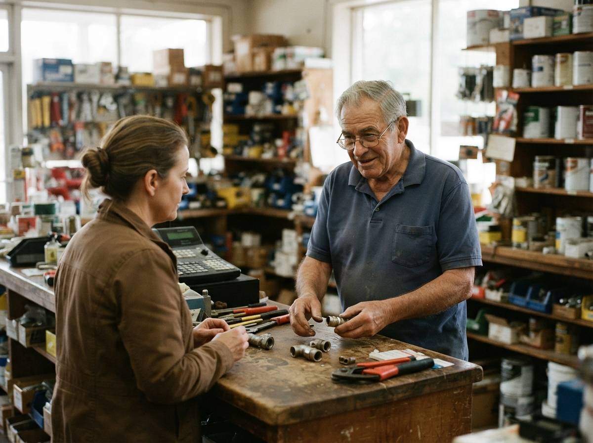 An older man works part time at a hardware store counter, helping a customer.
