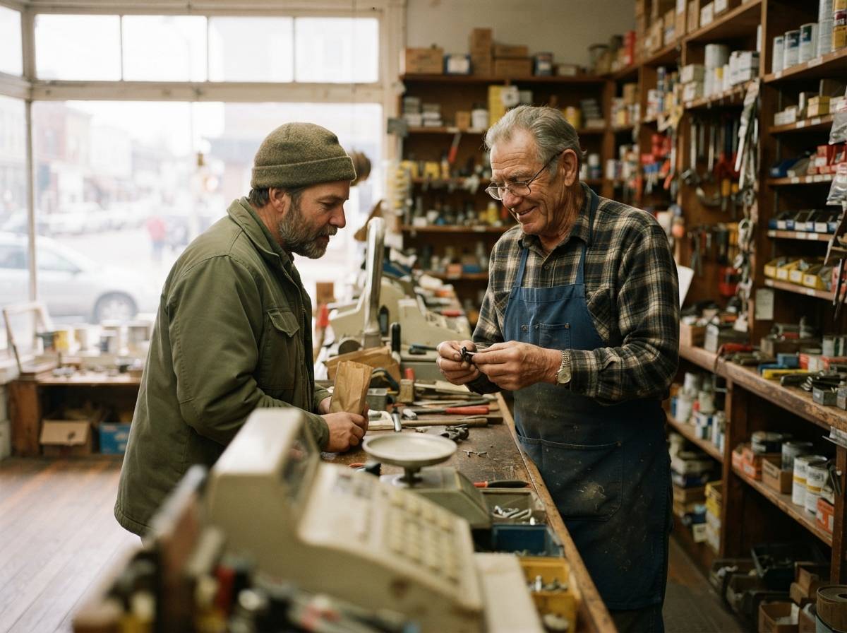 An older man works part time behind the counter of a small hardware store, assisting a customer.