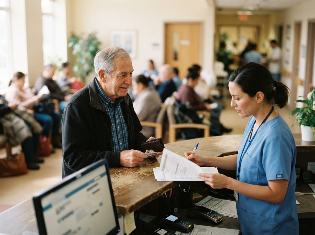 An older patient checks in at a clinic front desk while a nurse reviews paperwork.
