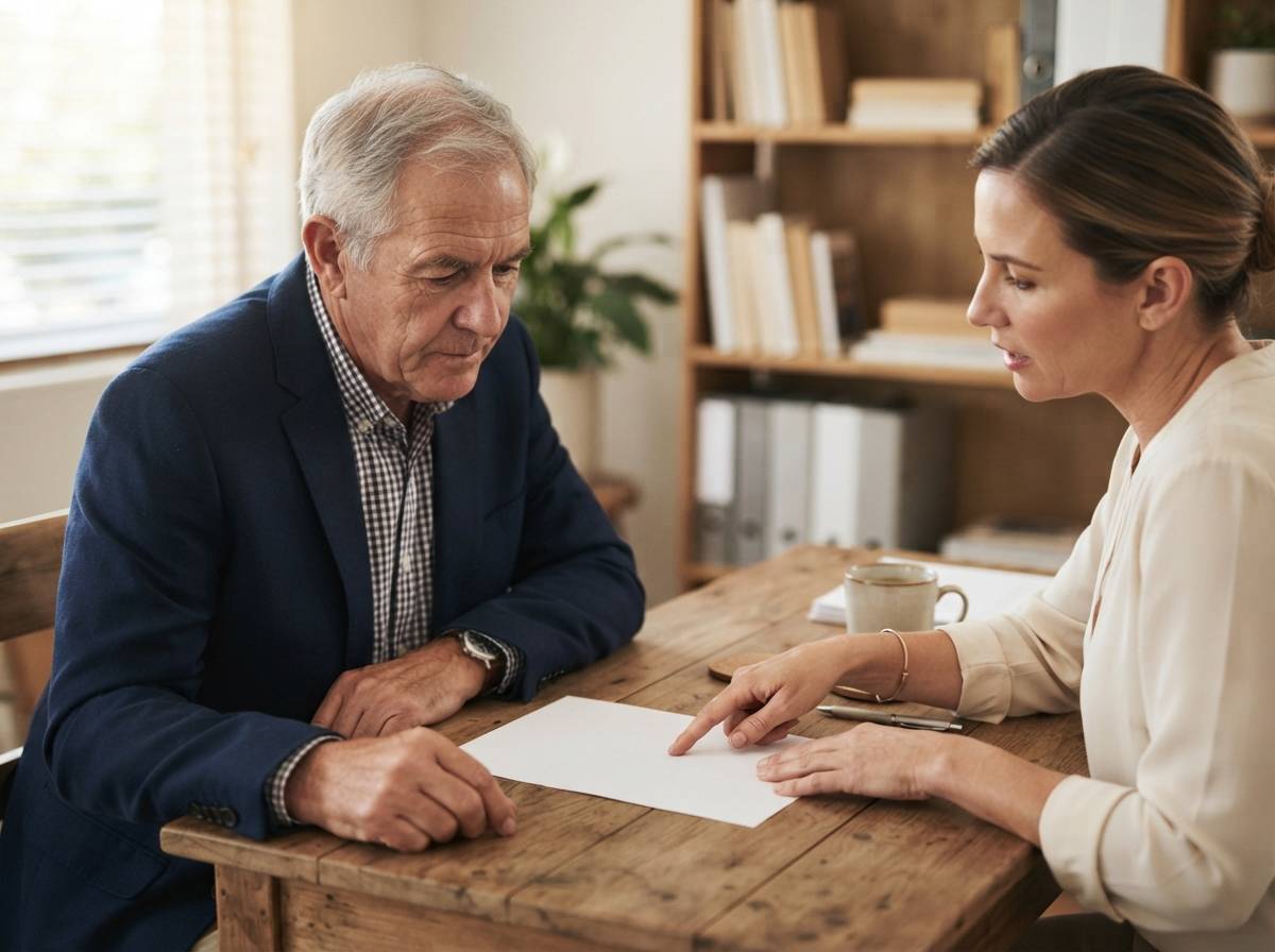 An older retiree discusses financial choices with a professional in an office.