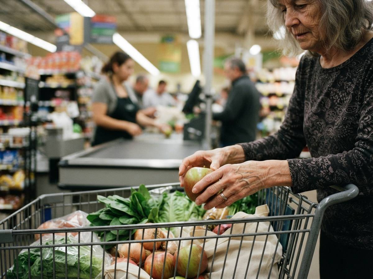 An older shopper places groceries into a cart near a store checkout lane.