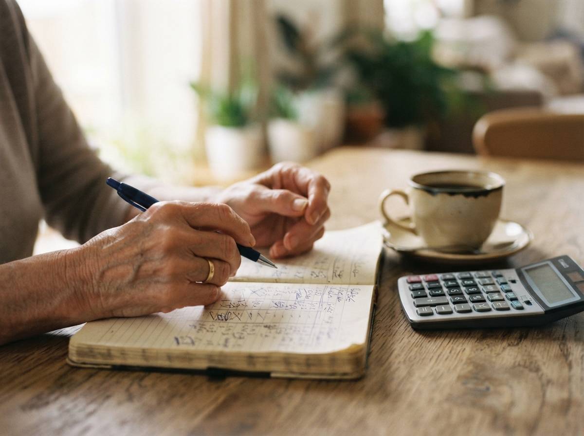 An older woman calculates retirement budget figures by hand at a wooden table with a calculator nearby.