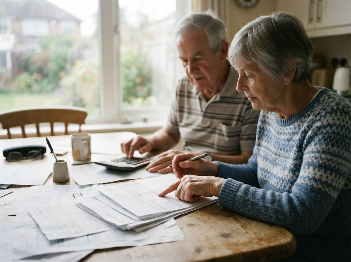 An older woman calculates retirement budget figures by hand at her kitchen table.