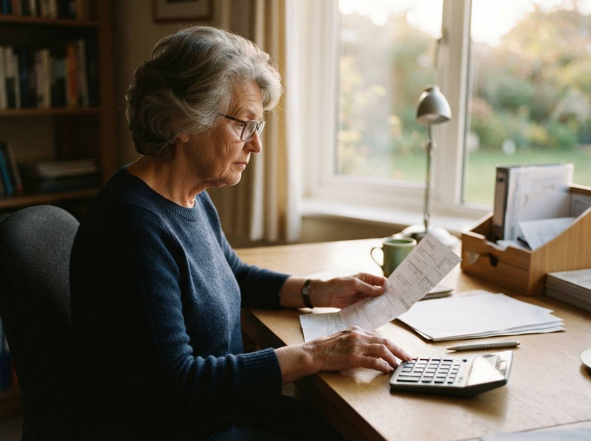 An older woman checks an account statement beside a calculator.